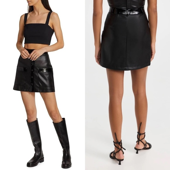 STAUD 70s Faux Leather High Waist Button Front Patent Trim Pocket Mini Skirt 6 - Picture 4 of 14